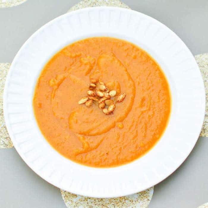 Roasted Butternut Squash Sweet Potato Soup is a delicious Thanksgiving appetizer