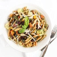 Roasted root vegetable pasta with pesto is a hearty and nutritious one-bowl meal. A perfect way to celebrate the flavors of the fall season. Get the vegetarian recipe at Small Bites by Jessica.
