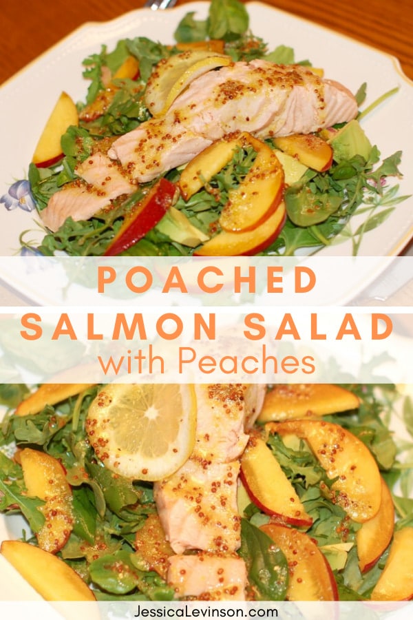 poached salmon salad with peaches pin image