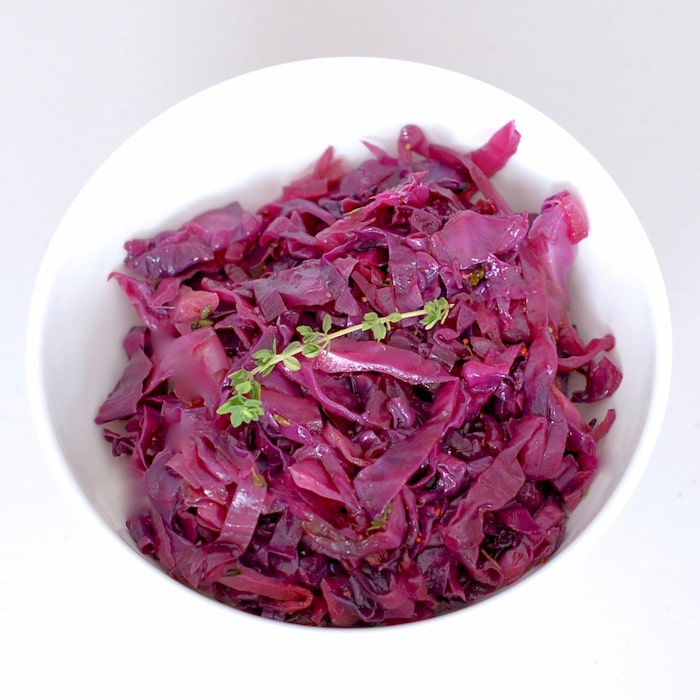 overhead of braised red cabbage in serving bowl