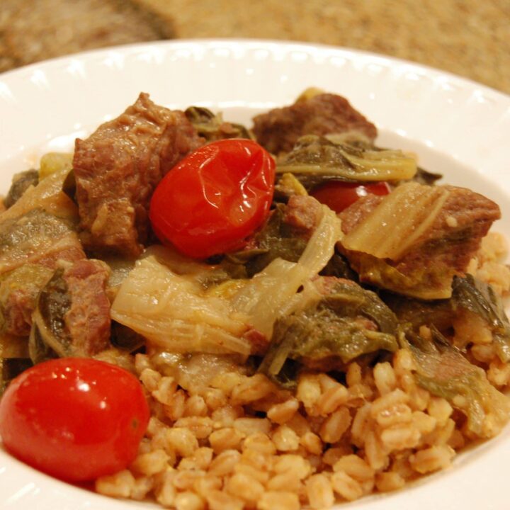 Coconut-Curry Beef with Bok Choy and Farro