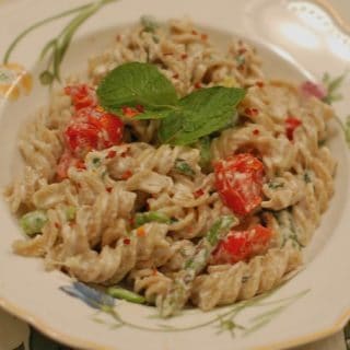 Fusilli with Fava Beans, Roasted Asparagus, Ricotta, & Mint