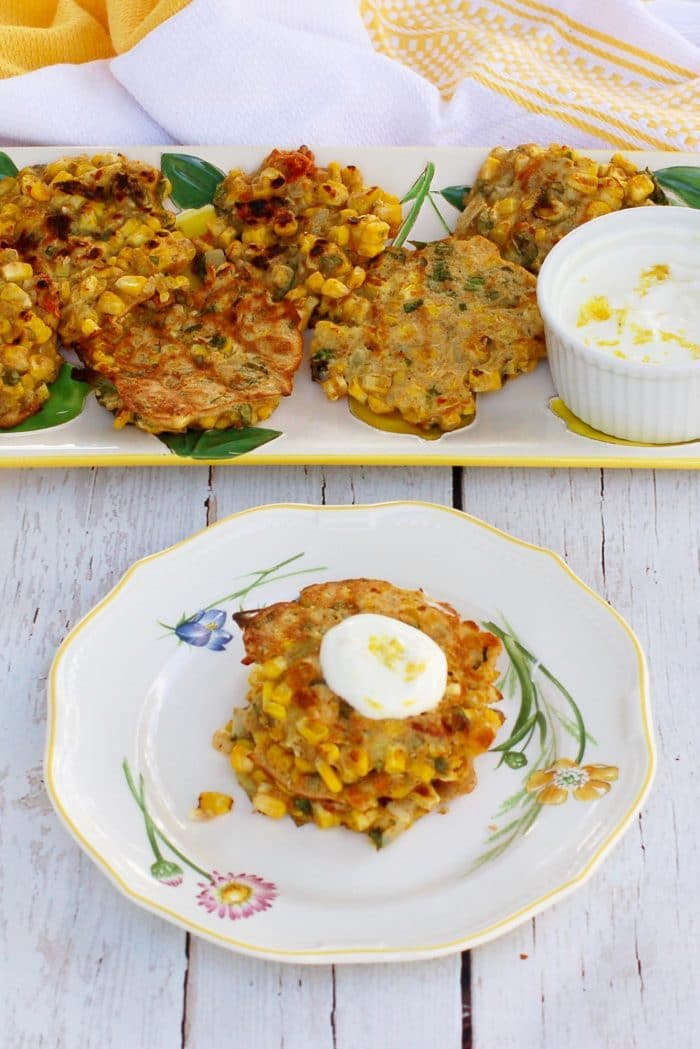 Corn & Basil Cakes Topped with Sauce