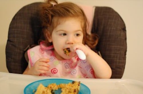 Toddler spoonful of Sweet Potato Black Bean Quesadillas