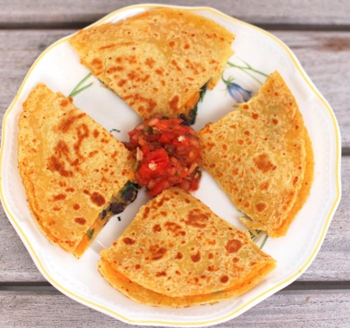 Sweet Potato Black Bean Quesadillas on Plate with Salsa