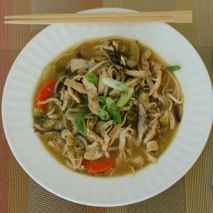 Chicken Vegetable Udon Soup in White Bowl