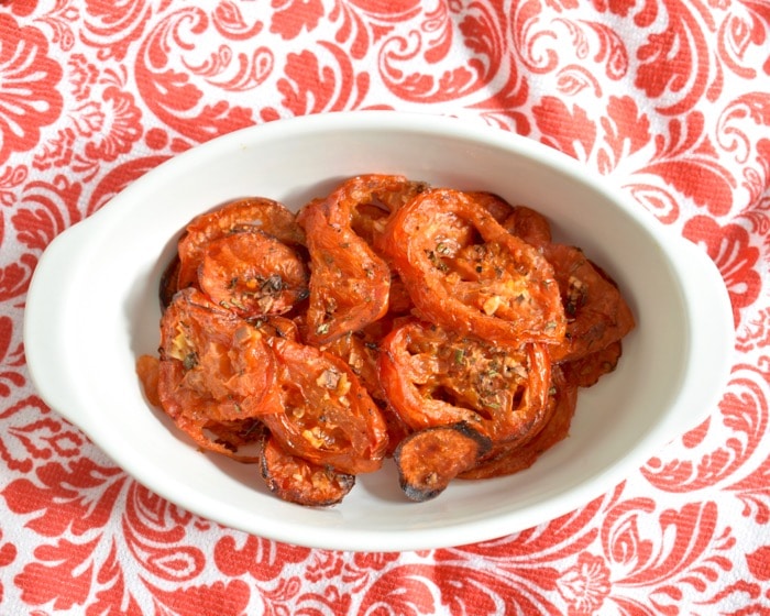 roasted tomatoes in white ramekin