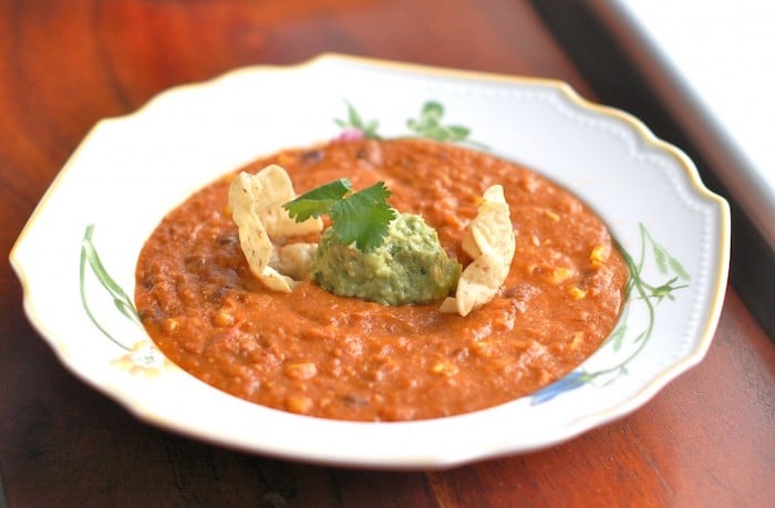 Vegan Corn Tortilla Soup Overhead Bowl