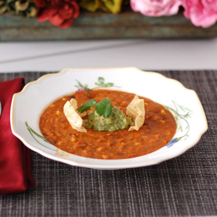 Vegan Corn Tortilla Soup in Bowl