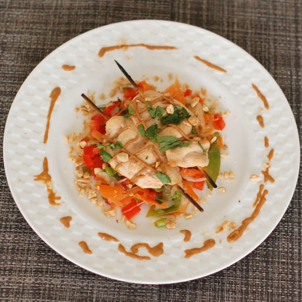 Thai Peanut Chicken Satay on Plate Overhead