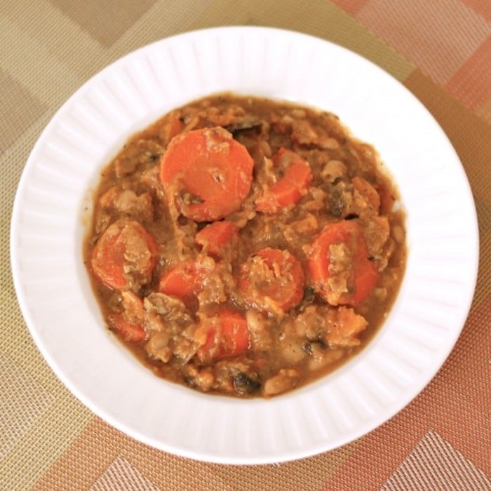 Hearty Beef and Vegetable Stew in While Bowl Overhead