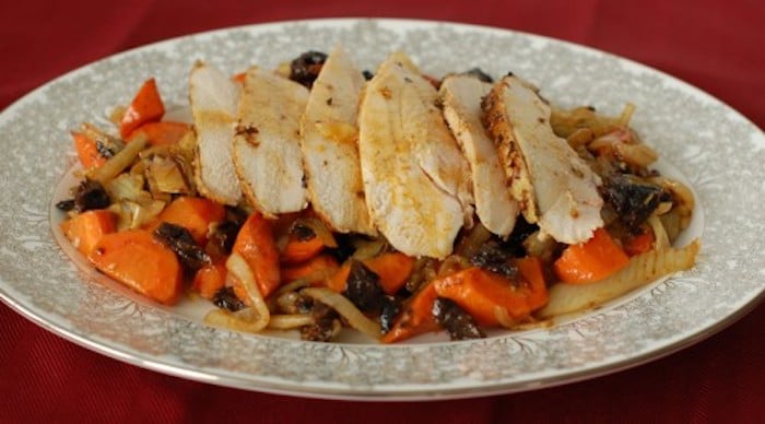 Roasted Chicken with Fennel Sliced on Serving Platter