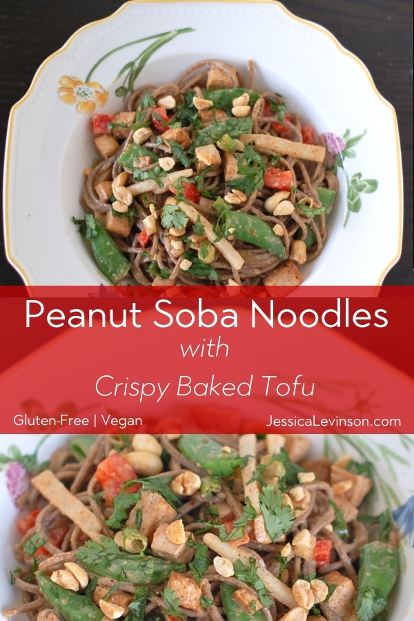 Peanut soba noodles are tossed with oven-baked crispy tofu and vegetables for a vegan and gluten-free weeknight meal your whole family will enjoy.