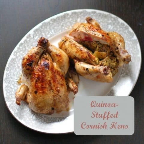 Cornish hen stuffed with aromatic and flavorful Moroccan-inspired quinoa.