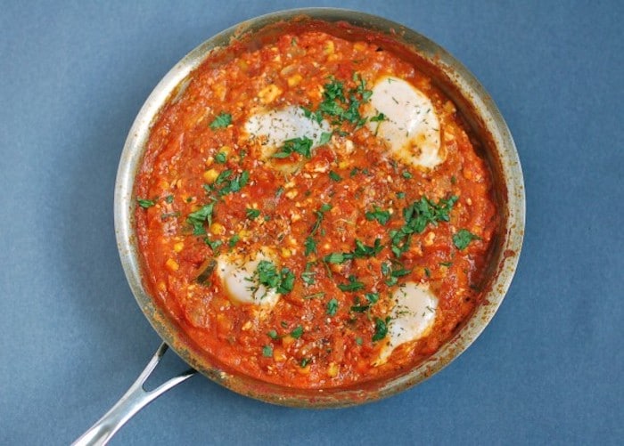 Summer Shakshuka Recipe in Pan Overhead