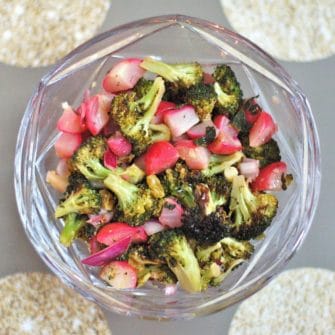 Roasted Broccoli Radish Salad in Bowl Overhead