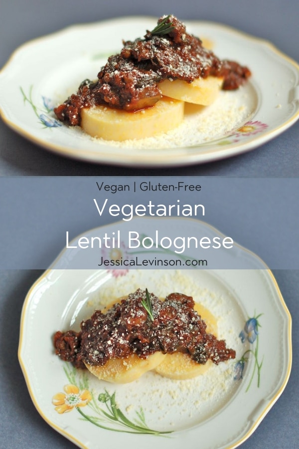 lentil bolognese is vegetarian, vegan, and gluten-free. serve over whole grain pasta or polenta cakes.