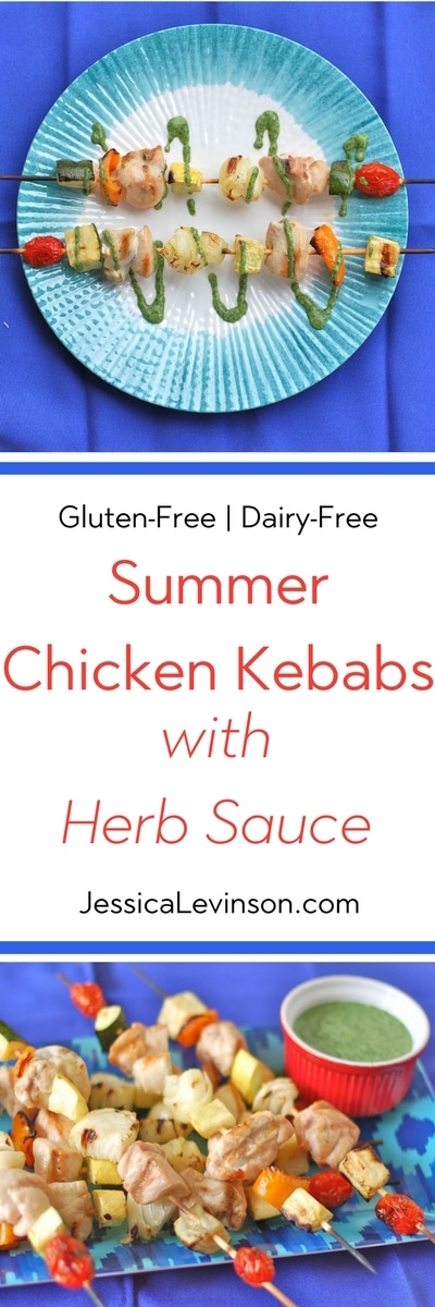 Veggie and protein-packed, these chicken kebabs with herb sauce are the perfect summer dinner on the grill! via JessicaLevinson.com | #glutenfree #dairyfree #chickenrecipes #kosher #grillingrecipes #summerrecipes #healthyrecipes