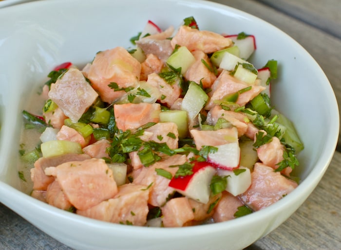 Close up of Salmon Ceviche with Cucumbers