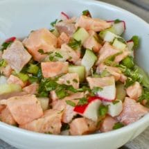 Fresh Salmon Ceviche with Cucumbers and Radishes