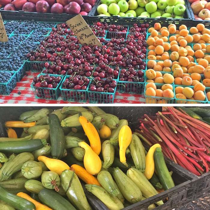 cherries, blueberries, apricots, zucchini and summer squash, and rhubarb at local farmers market in New Rochelle, NY