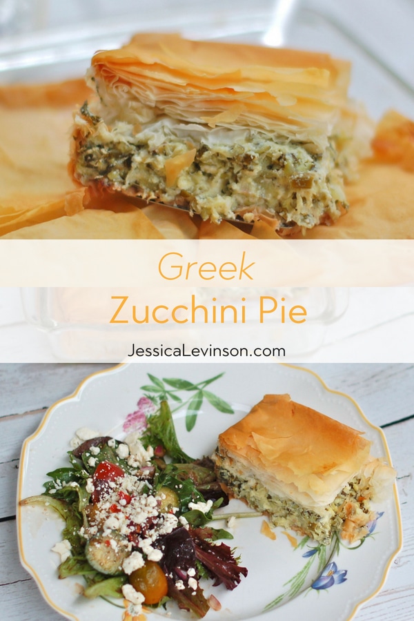 Golden crisp on the outside, light and fluffy on the inside, this savory zucchini pie with mint speaks summer. Get the recipe at JessicaLevinson.com | #zucchini #summerrecipes #greekfood #vegetarian #meatlessmonday #meatlessmeal