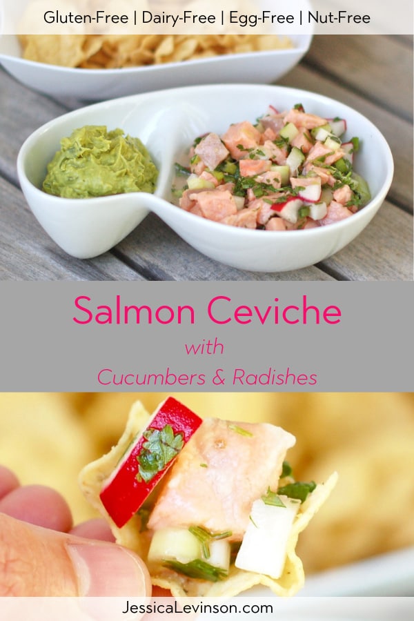 Salmon Ceviche with Cucumbers in bowl and close up