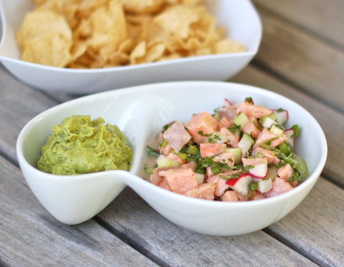 Salmon Ceviche with Cucumbers served with guacamole