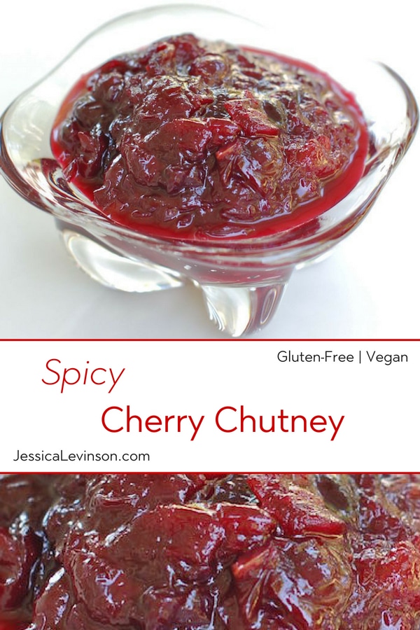 This Spicy Cherry Chutney is sweet and sour with a bit of a kick. The perfect condiment to serve at your summer barbecue! Get the recipe at JessicaLevinson.com | #cherries #cherryrecipes #chutney #condiments #lowersugar #sauces