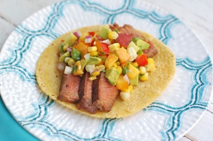 Soy-Marinated Steak Tacos on Plate with Salsa