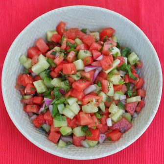 Flavorful and refreshing watermelon salsa is a fun summer twist on a classic. Serve with chips, over fish or beef tacos, on top of salads, or with grilled chicken. Get the recipe at JessicaLevinson.com | #glutenfree #vegan #watermelon #salsa #usethewholewatermelon #sidedish #summereats #summerrecipes