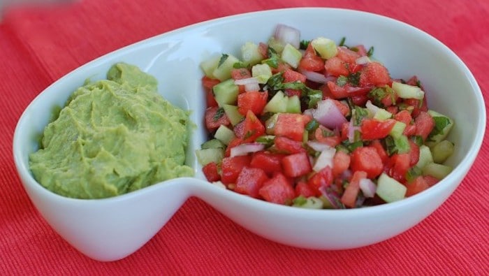 Watermelon Salsa in Dish with Guacamole