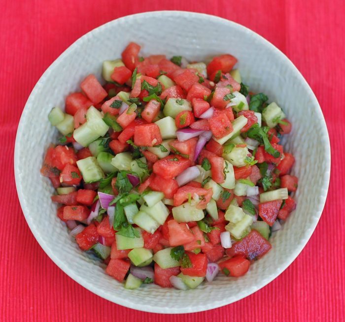 Watermelon Salsa in White Bowl Overhead