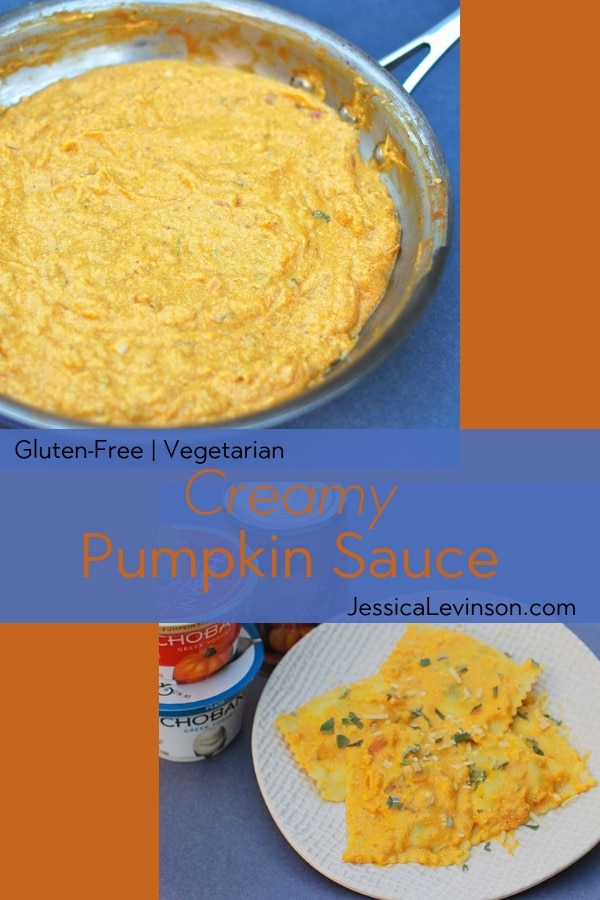 gluten-free, vegetarian creamy yogurt-based pumpkin sauce is delicious on ravioli and pasta. An easy weeknight meal. 