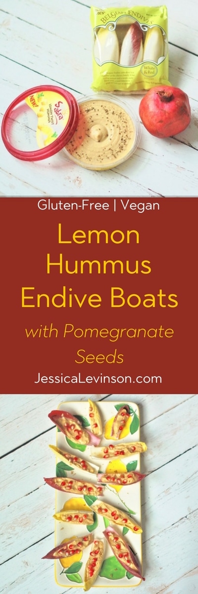 Wow your guests with zesty, creamy lemon hummus endive boats topped with sweet and juicy pomegranate seeds. A pretty, flavorful, nutritious and delicious appetizer perfect for a crowd. #glutenfree #vegan #dairyfree #vegetarian #partyfood #hummus #pomegranate #endiveboats #easyrecipe