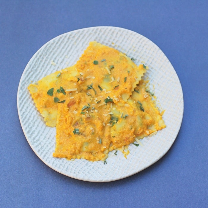 ravioli with creamy pumpkin sauce made with greek yogurt