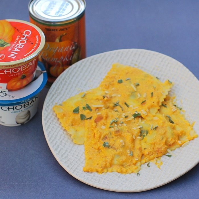 creamy gluten-free vegetarian pumpkin sauce is delicious on pasta or ravioli