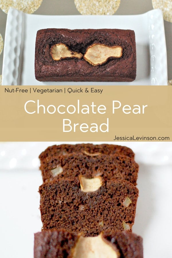 Rich chocolate pear bread is easy to make, moist, and delicious. Plus it’s a good source of fiber and calcium. Vegetarian and nut-free.