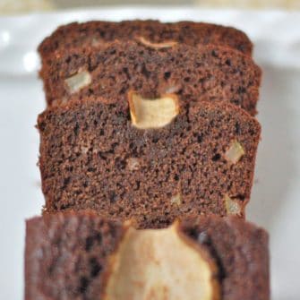 Rich chocolate pear bread is easy to make, moist, and delicious. Plus it’s a good source of fiber and calcium. Vegetarian and nut-free.