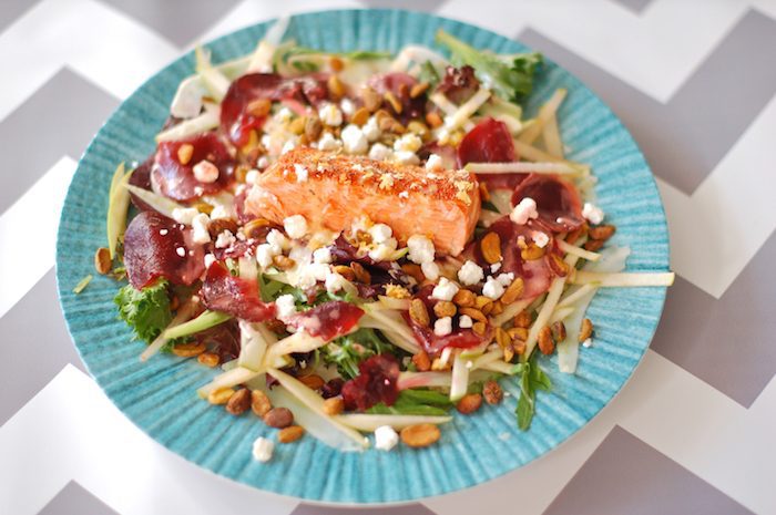 Salmon Waldorf Salad on Blue Plate