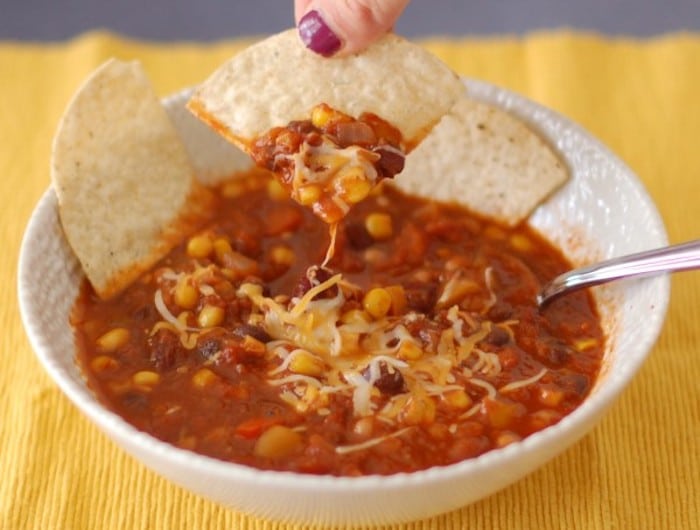 Three-Bean Vegetarian Chili with Dipped Tortilla Chip