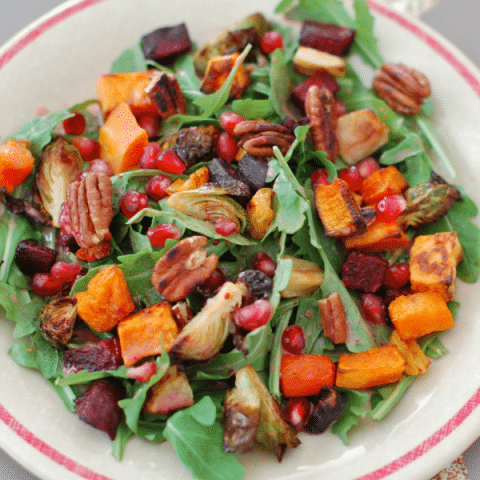 Roasted Root Vegetable Salad with Pomegranate Ginger Dressing