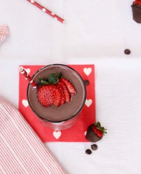 Dark Chocolate Strawberry Smoothie in Cup Overhead