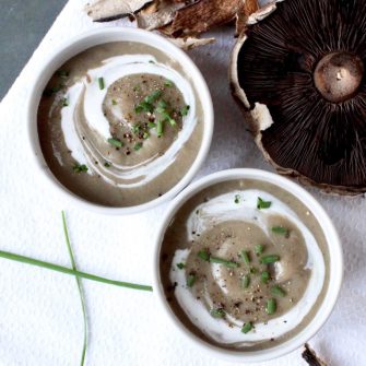 Satisfy your cravings for an umami-rich meal with this gluten-free and vegetarian thick and creamy pureed mushroom soup - no cream added! Get the recipe at JessicaLevinson.com | #mushroomsoup #mushroomrecipes #soup #mushroomaday