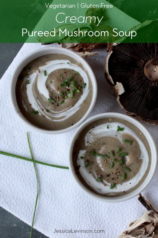 creamy pureed mushroom soup topped with creme fraiche and chives