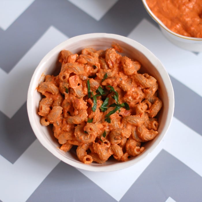 roasted red pepper tomato pasta in serving bowl