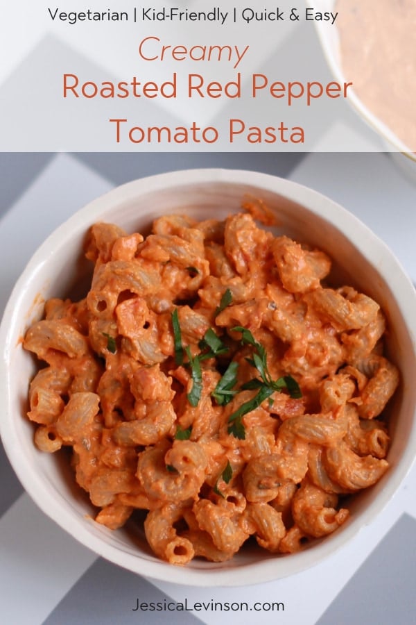 vegetarian, kid-friendly, quick & easy Roasted Red Pepper Tomato Pasta in bowl