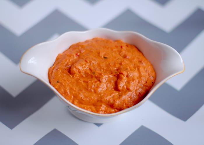 roasted red pepper sauce in sauce bowl