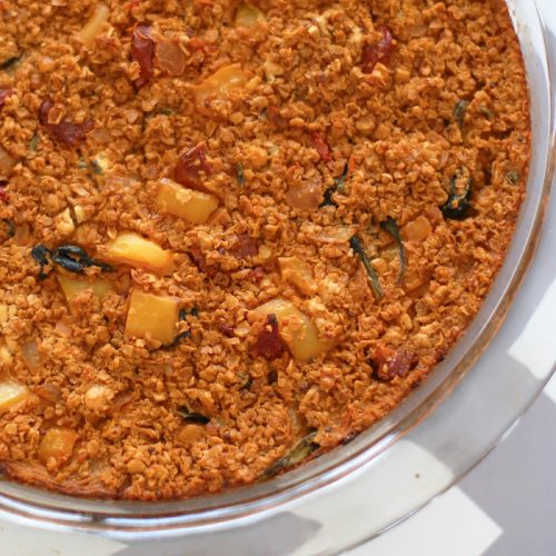Savory Baked Oatmeal with SunDried Tomatoes, Spinach, & Goat Cheese