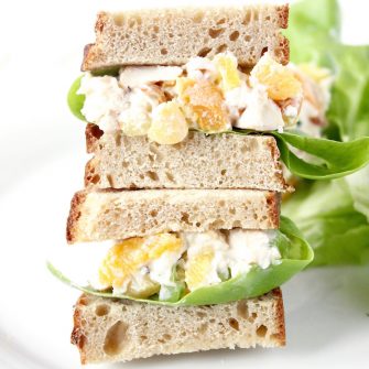 Switch up your regular chicken salad with this Apricot Pineapple Chicken Salad lightened up with Greek yogurt. Get the recipe at JessicaLevinson.com | #chickensalad #picnicfood #glutenfree #chickenrecipes